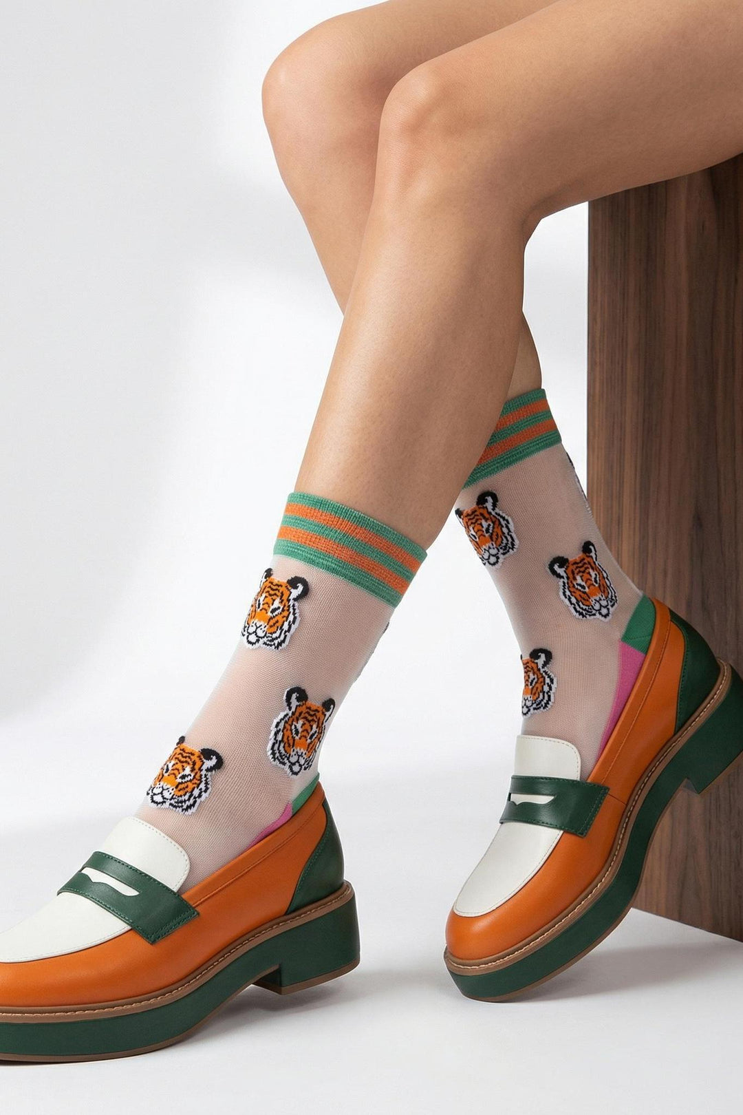 Tiger-Faces-Combed-Cotton-Sheer-Pop-Socks-in-Green