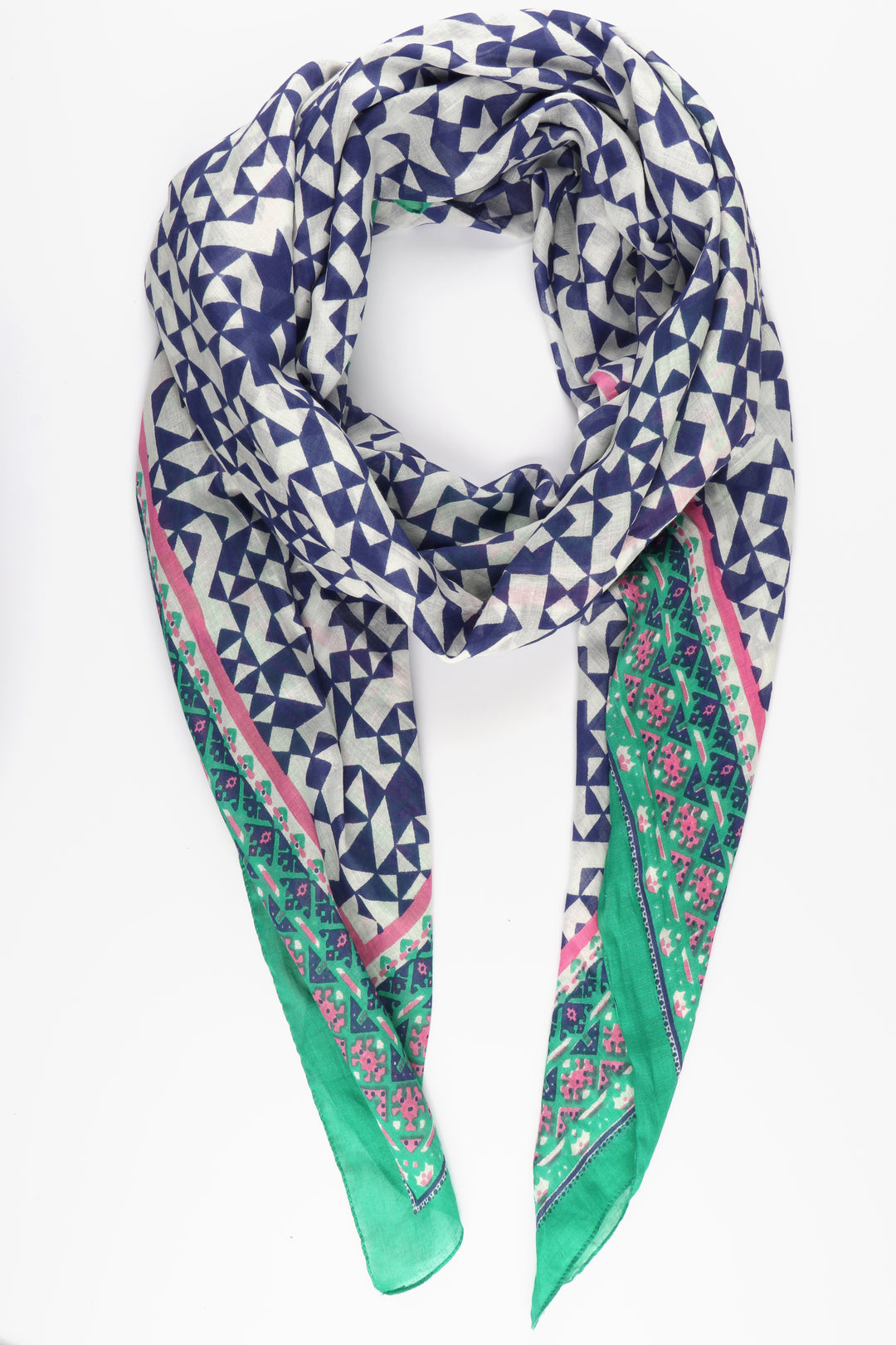 navy blue mosaic print cotton scarf with green patterned border trim