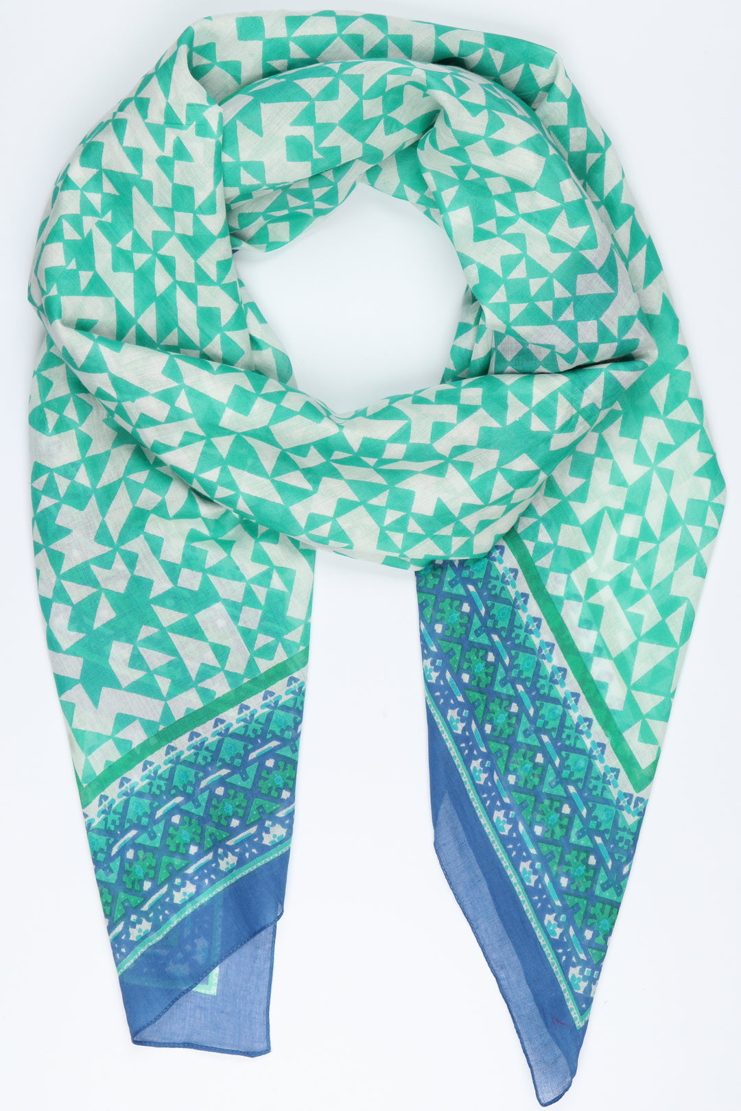 green mosaic print cotton scarf with blue patterned border trim