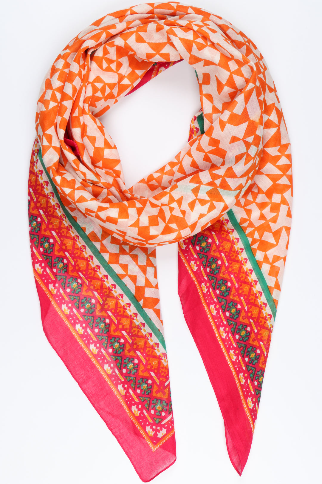 orange mosaic print cotton scarf with pink patterned border trim