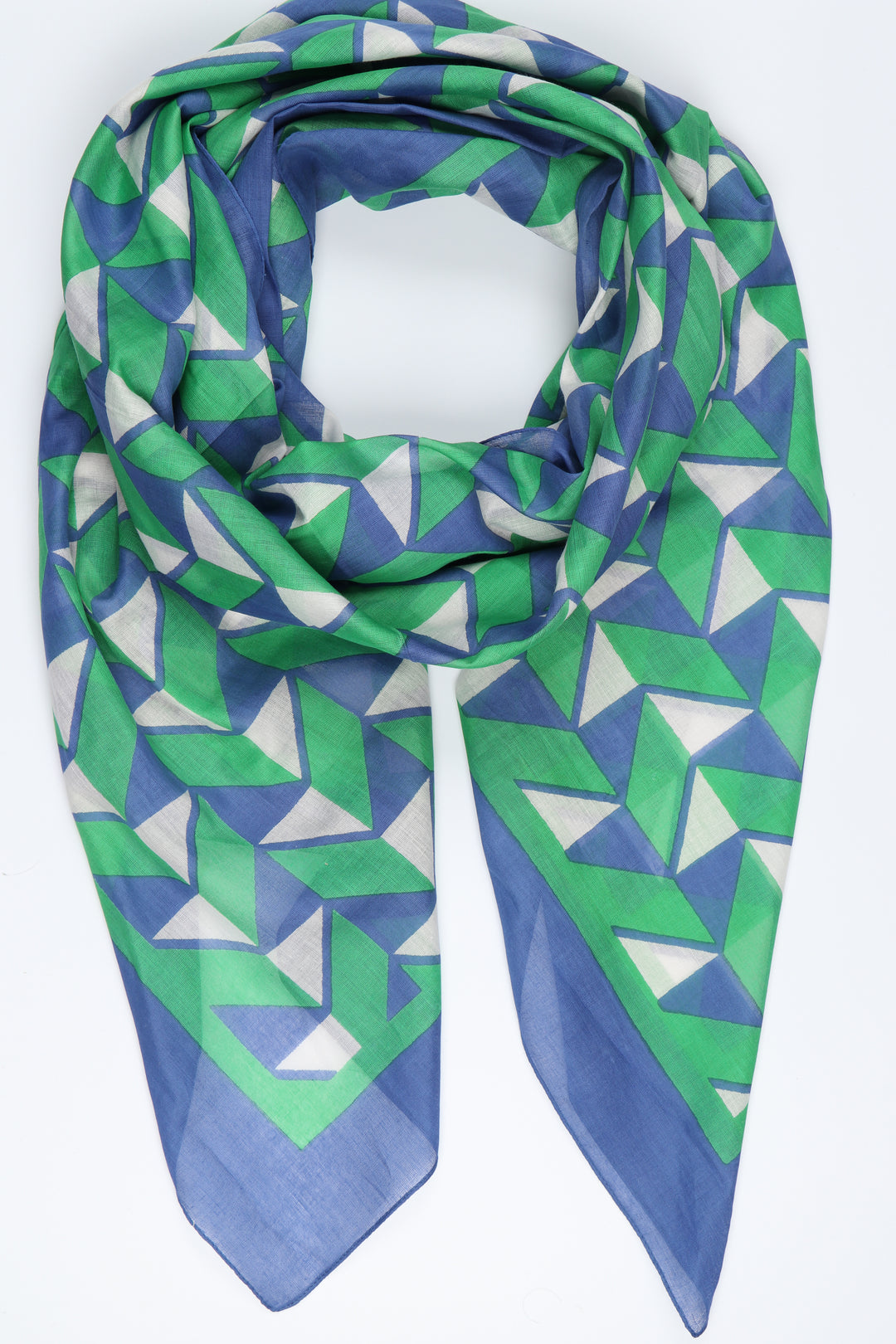 blue and green geometric print cotton scarf with a blue bordered edge