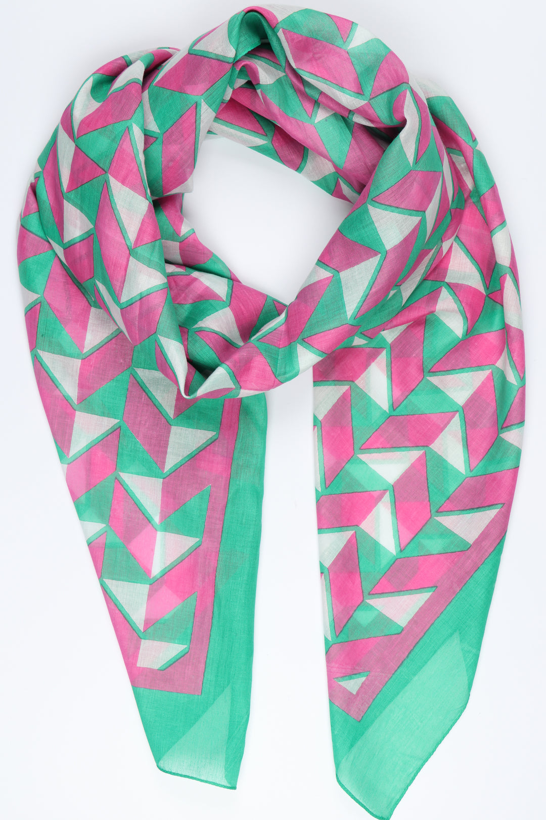 pink and green geometric print scarf with a green border trim