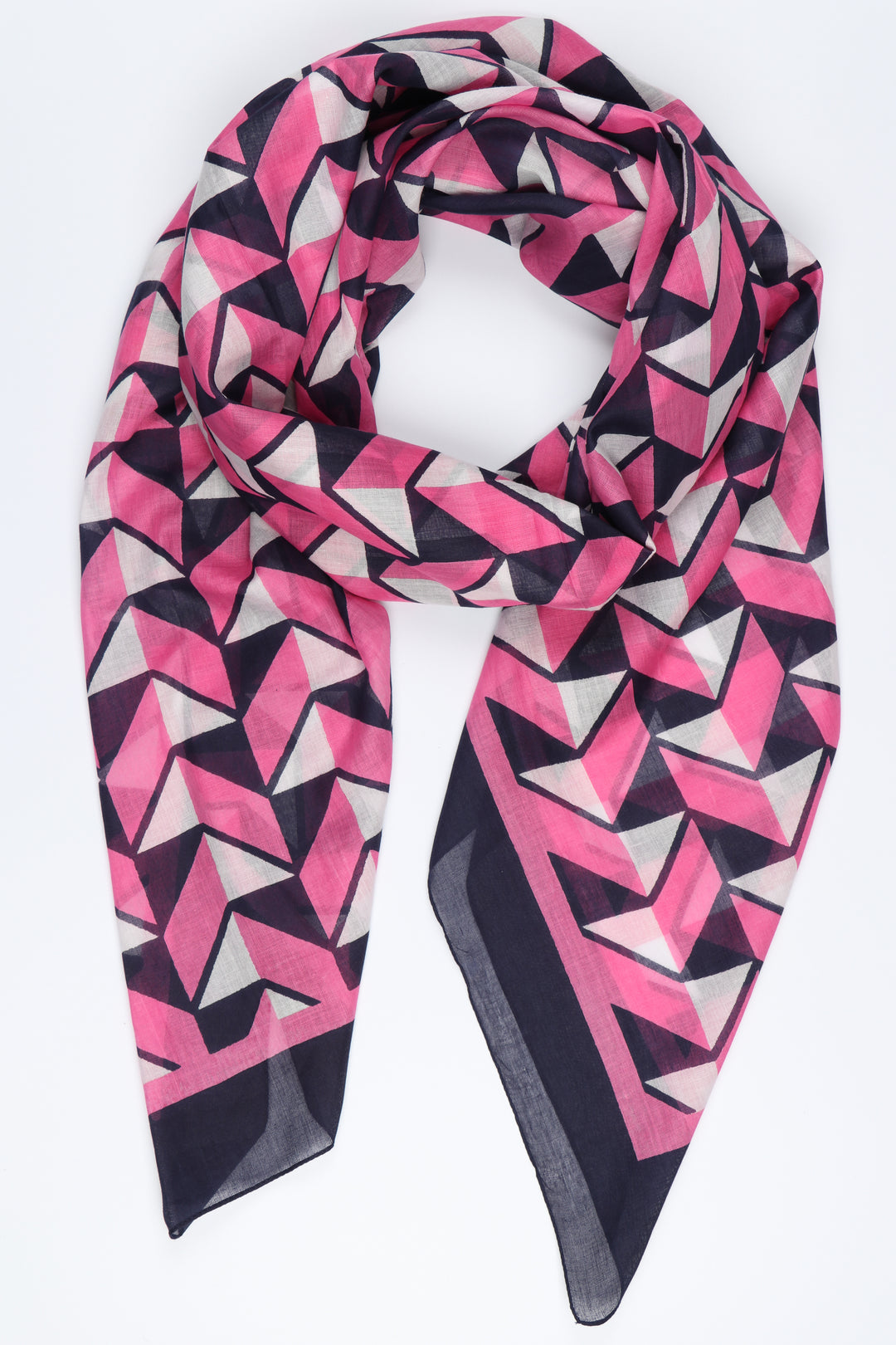 pink and blue geometric print scarf with a navy blue border trim