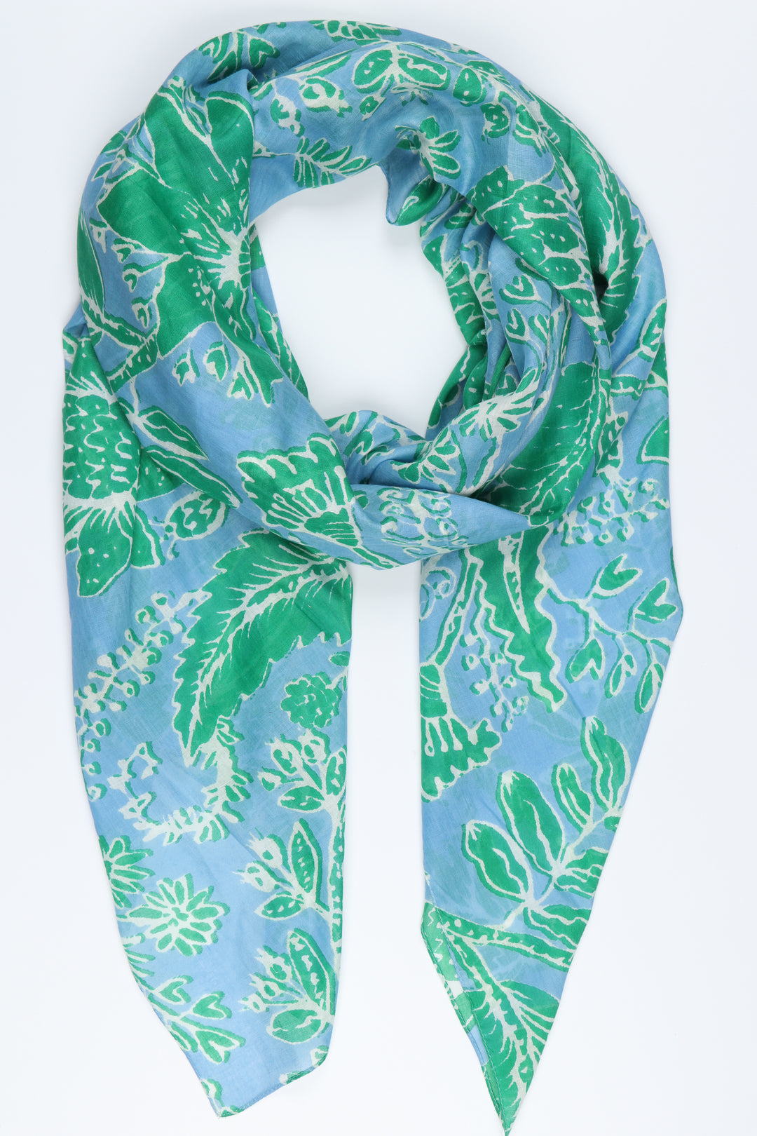 Delicate Floral Print Cotton Scarf in Green Blue
