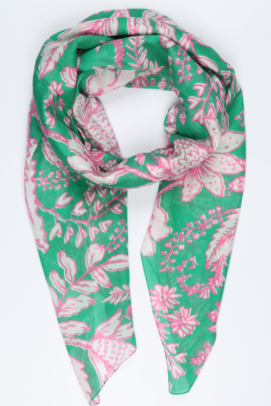 Delicate Floral Print Cotton Scarf in Green Pink
