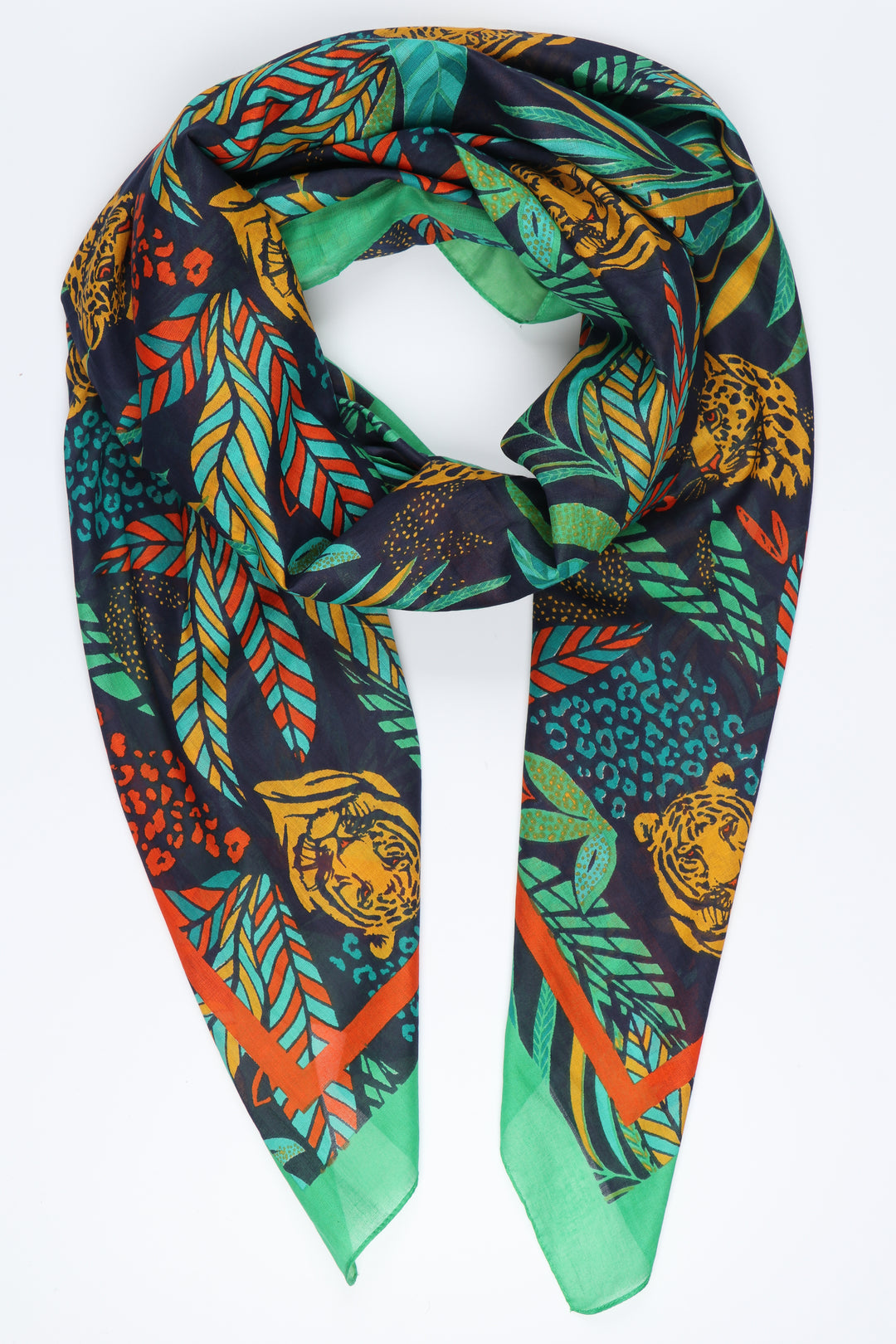 navy blue, green, orange scarf with orange border trim and an all over pattern featuring tigers and colourful jungle leaves