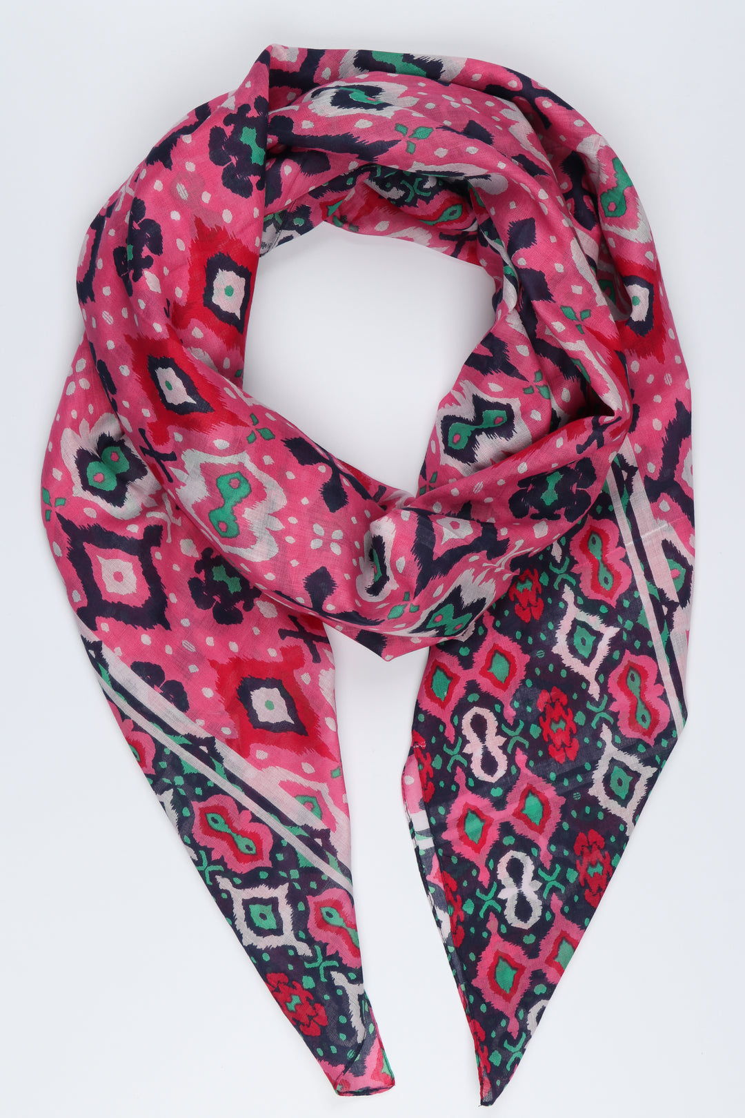 pink and navy blue cotton scarf with a turkish inspired ikat pattern