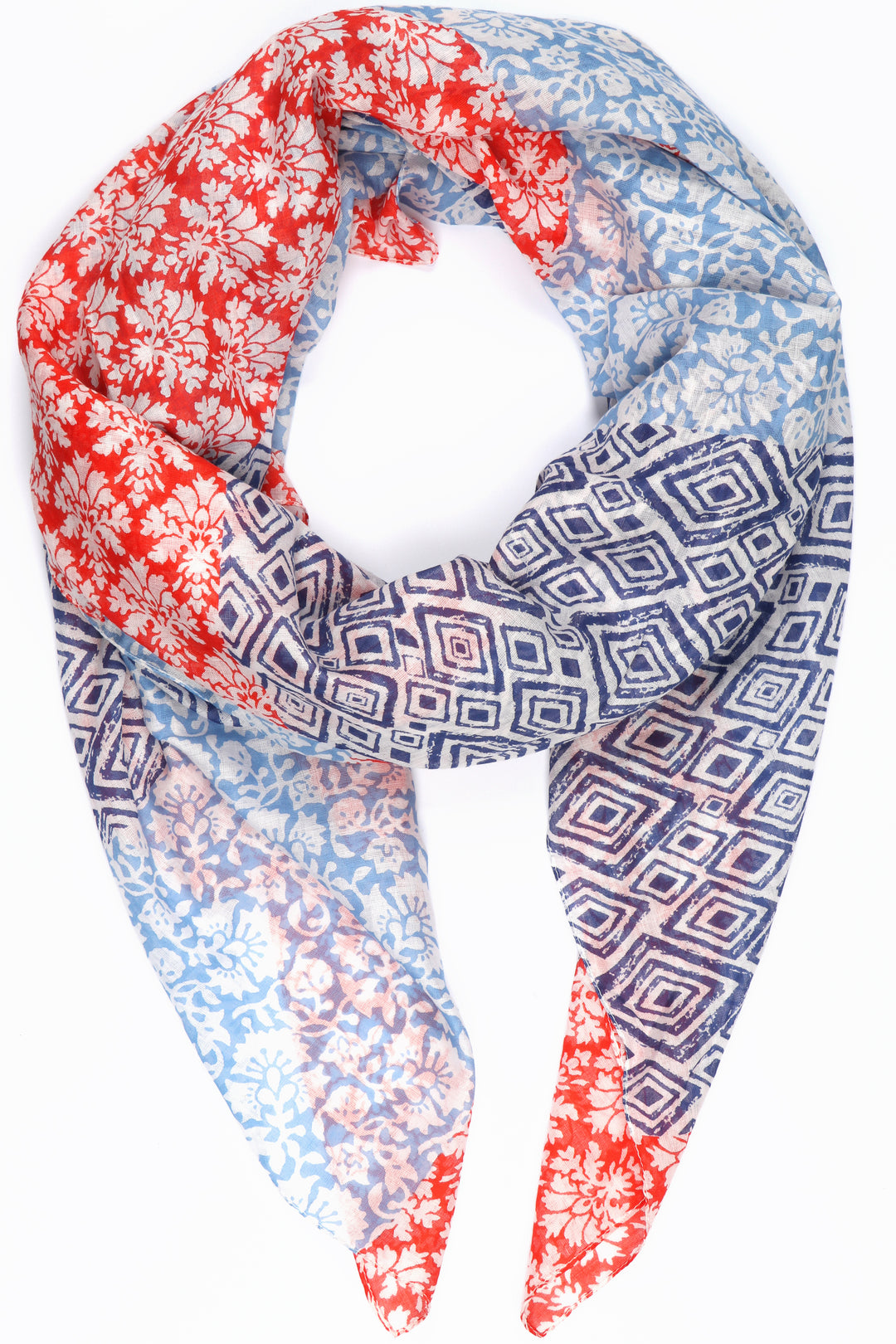 Mixed Floral and Diamond Print Cotton Scarf in Blue Red