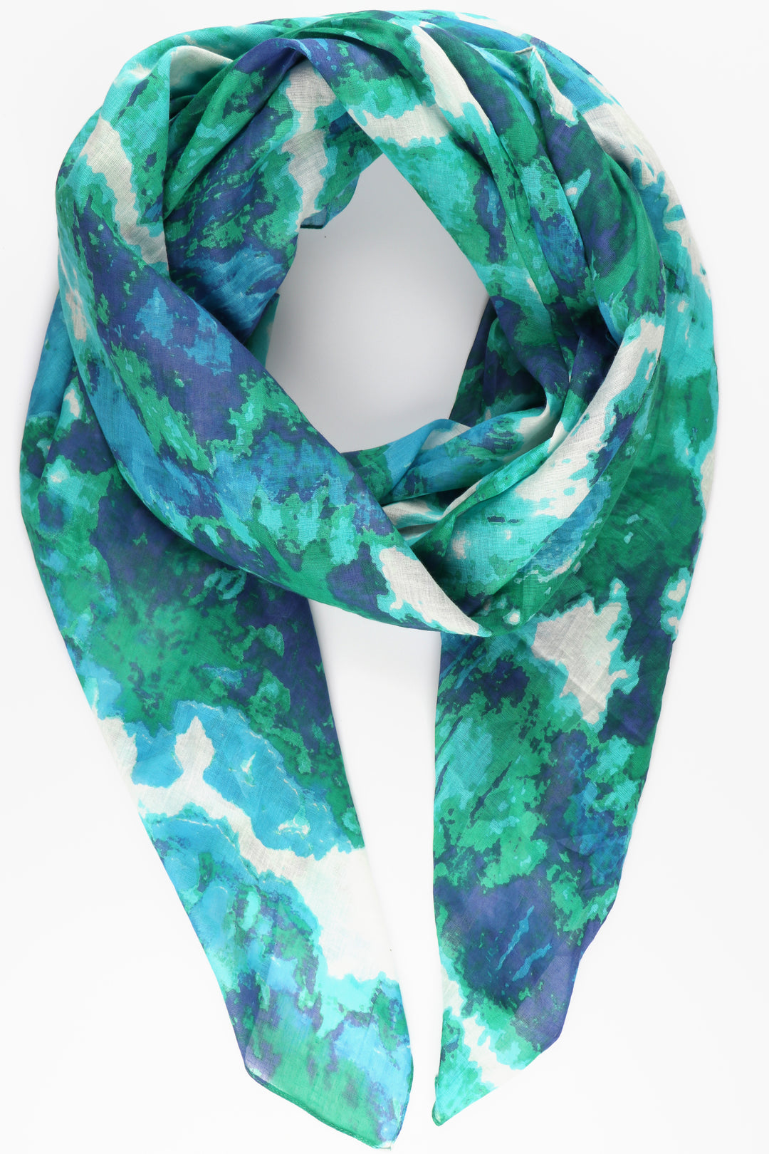 blue and green watercolour pattern tie dye cotton scarf