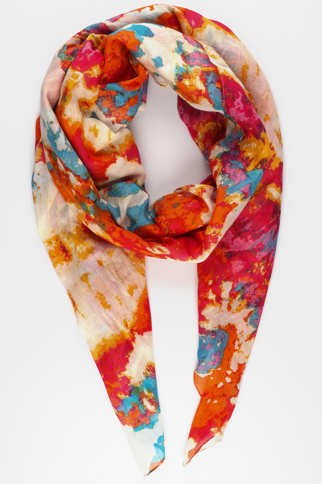 multicoloured orange, pink, yellow and blue watercolour style tie die scarf 