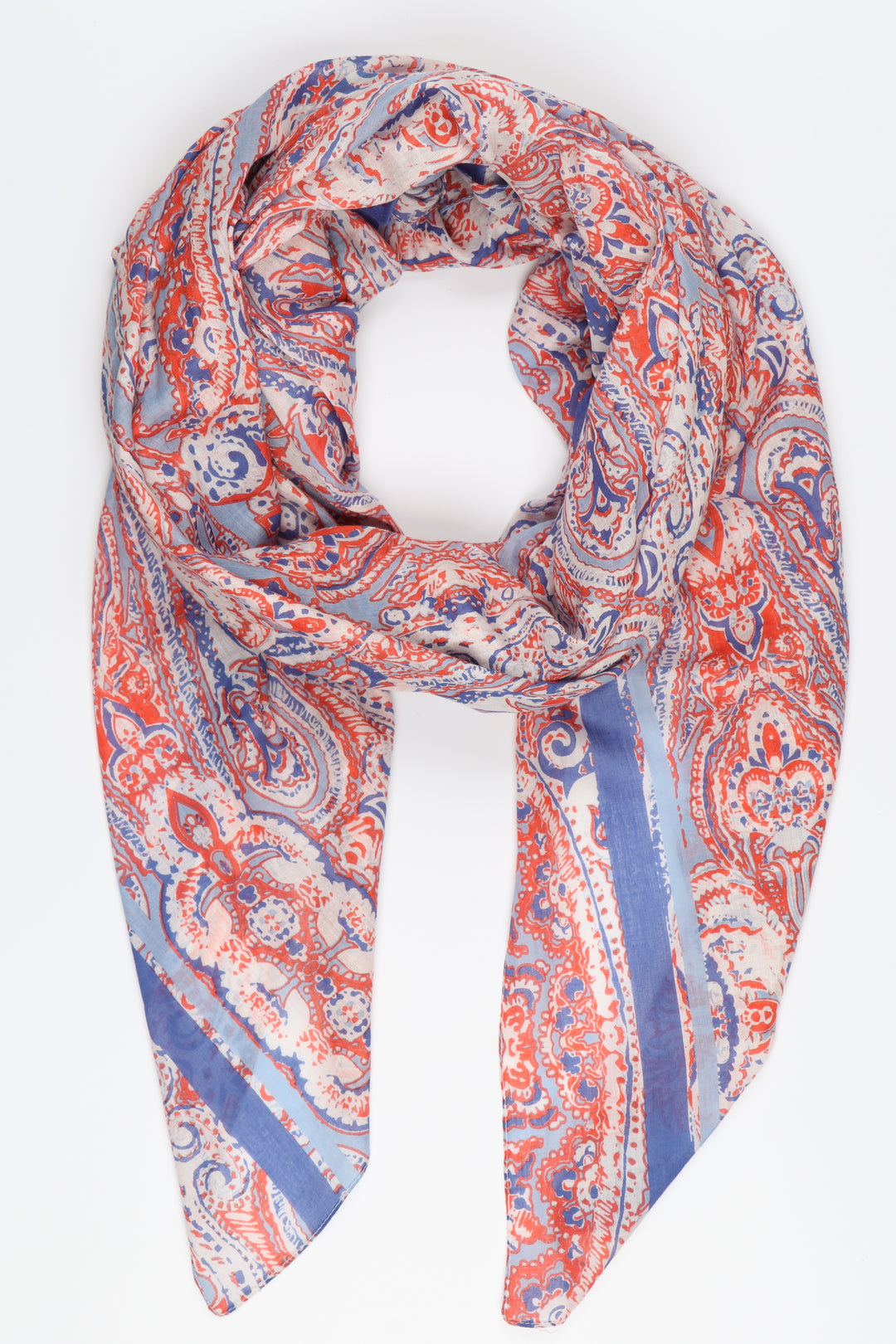 orange and blue paisley print cotton scarf with a blue border stripe trim