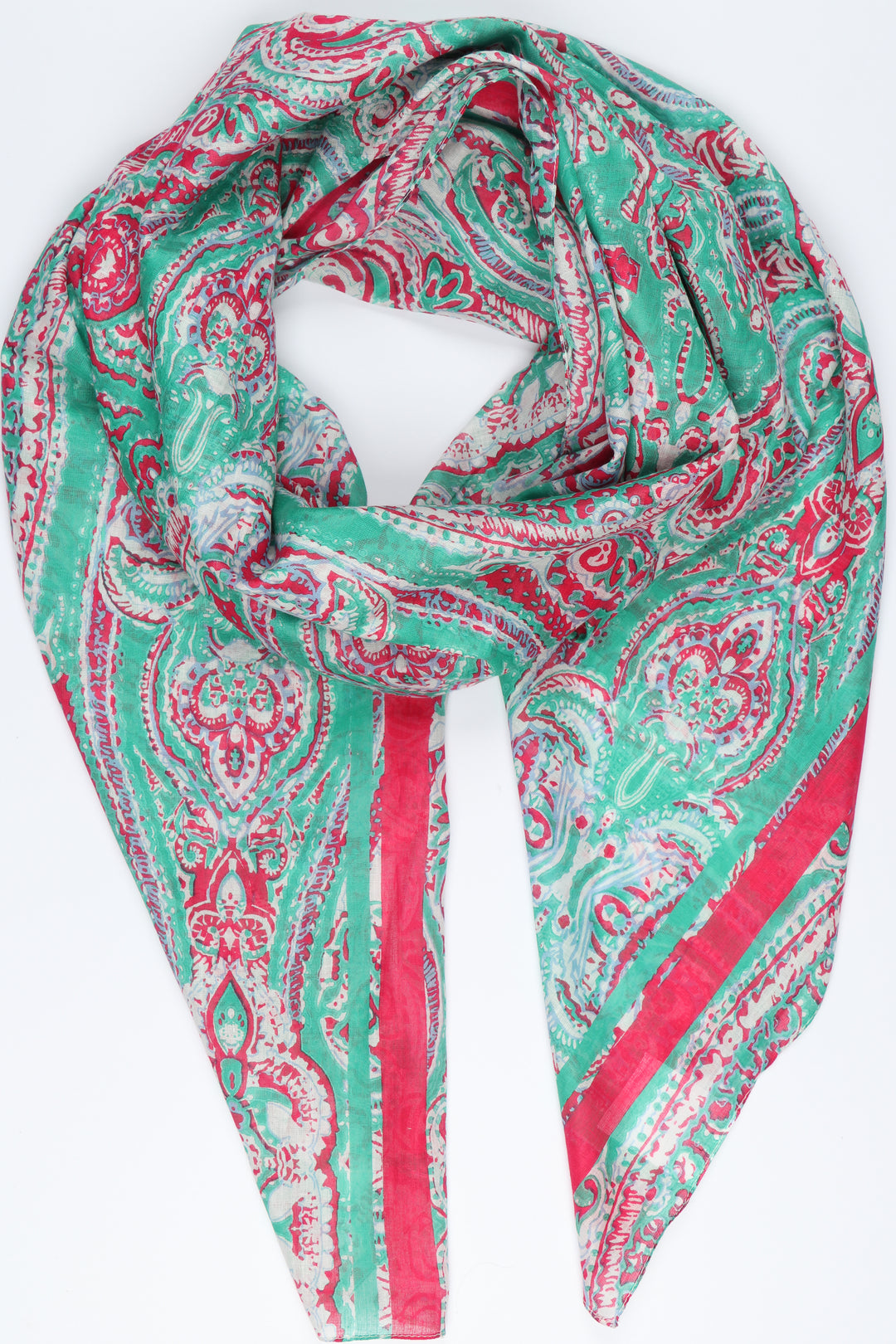 green and pink ornate paisley print cotton scarf with a pink border stripe