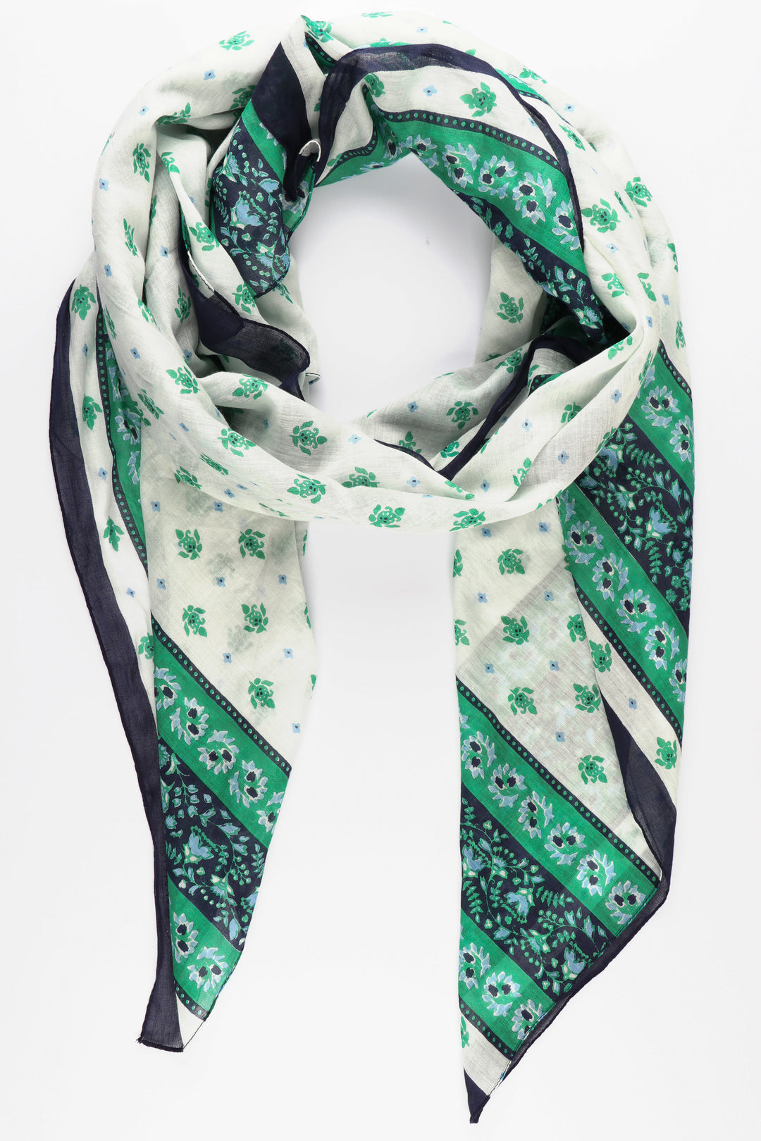green and navy blue ornate floral print cotton scarf