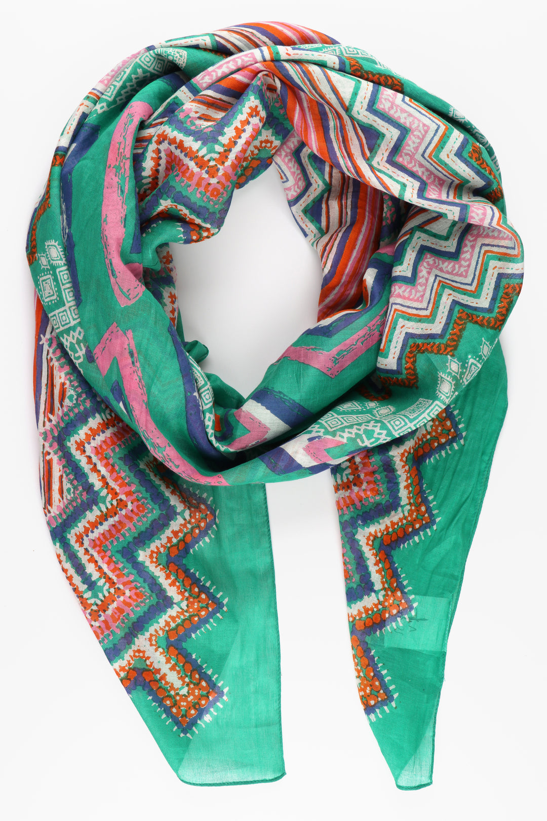 green cotton scarf with geometric ikat diamond shaped patterns and zig zag lines in pink