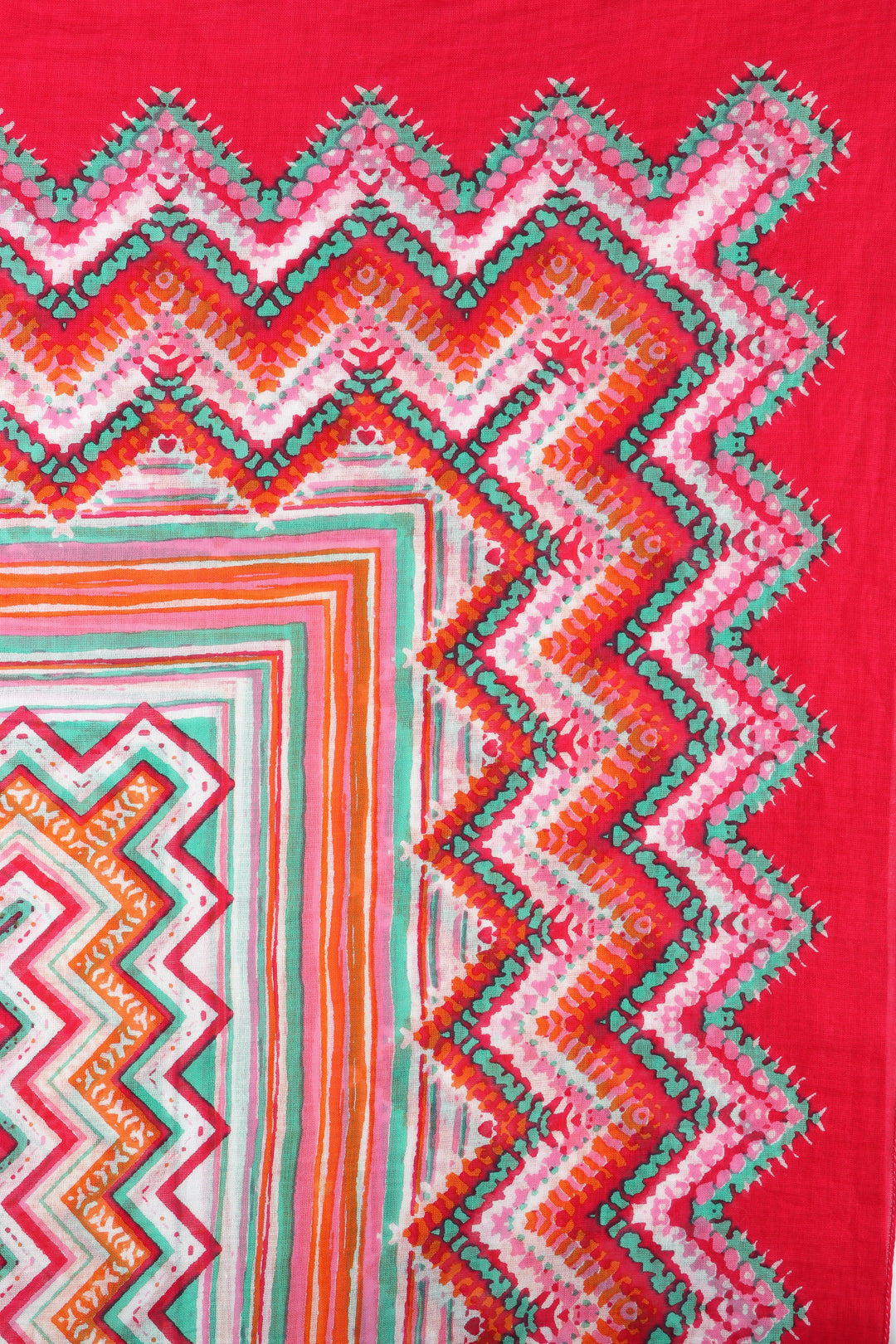 close up of the zig zag geometric pattern, showing the colours green, pink and orange