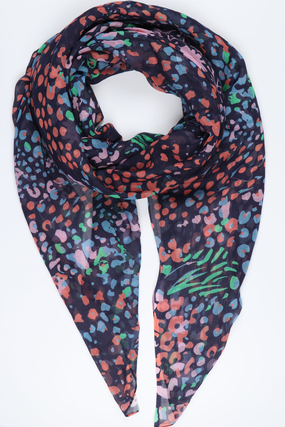 navy blue cotton scarf with an all over pink, bue and green cluster floral print pattern