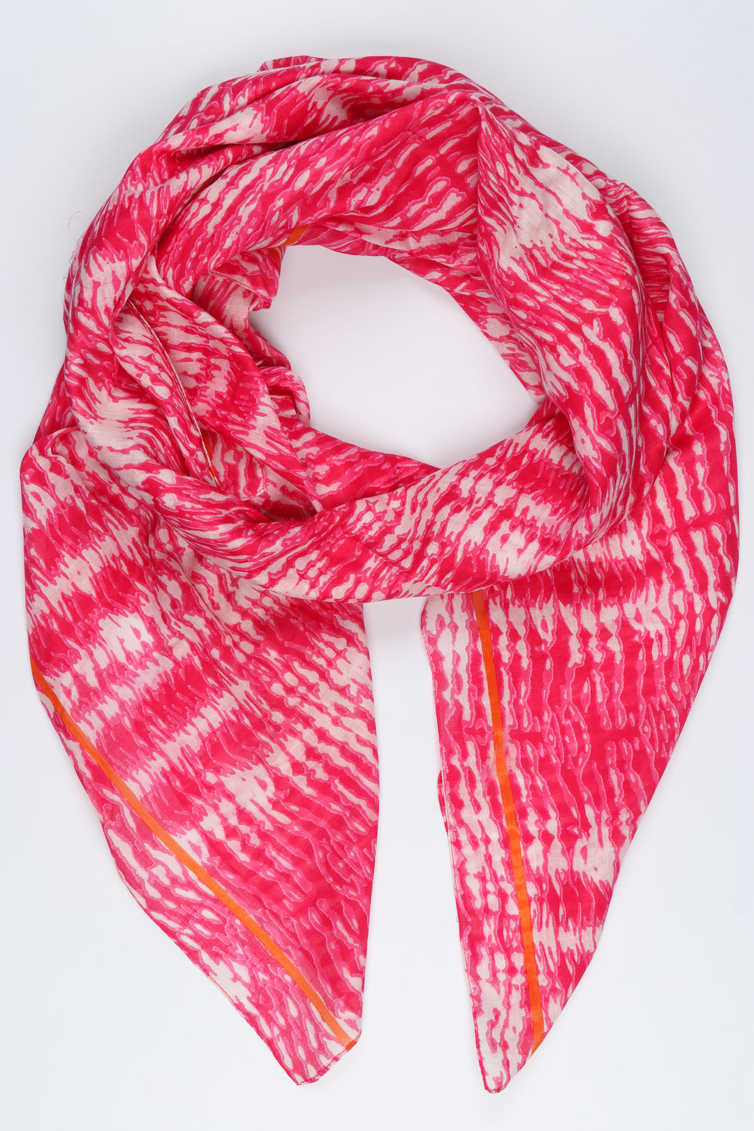 lightweight pink cotton tie dye scarf with a neon orange striped border