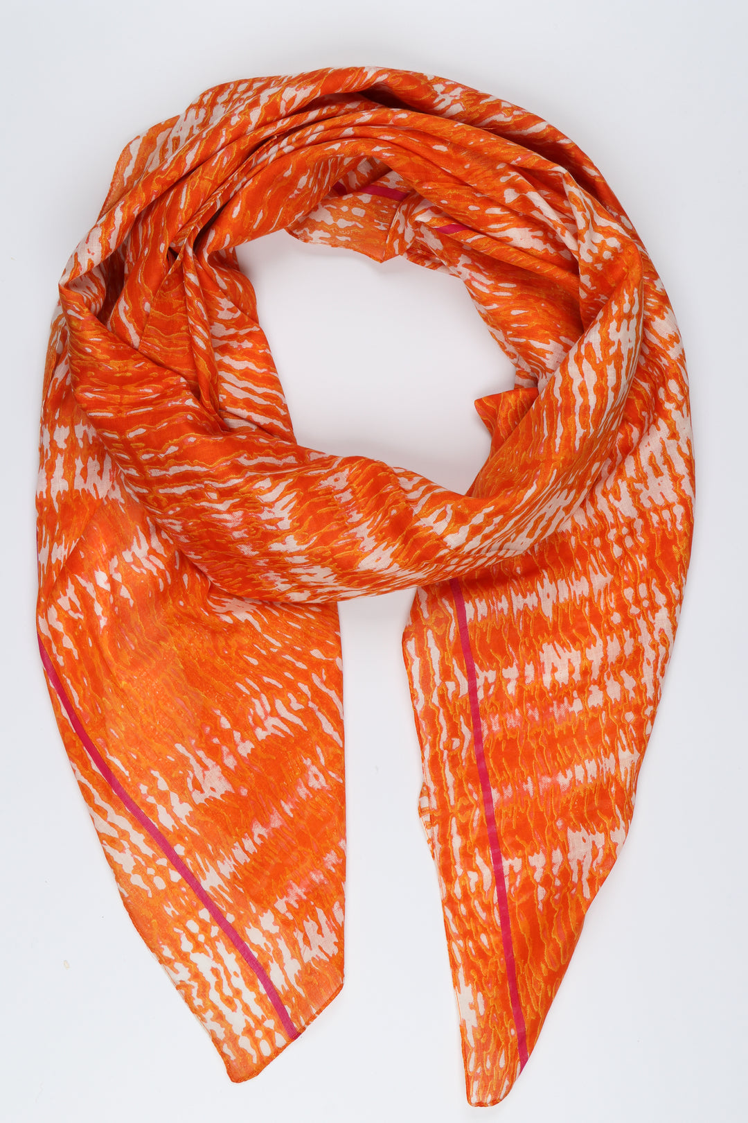 lightweight orange cotton tie dye scarf with a neon pink striped border
