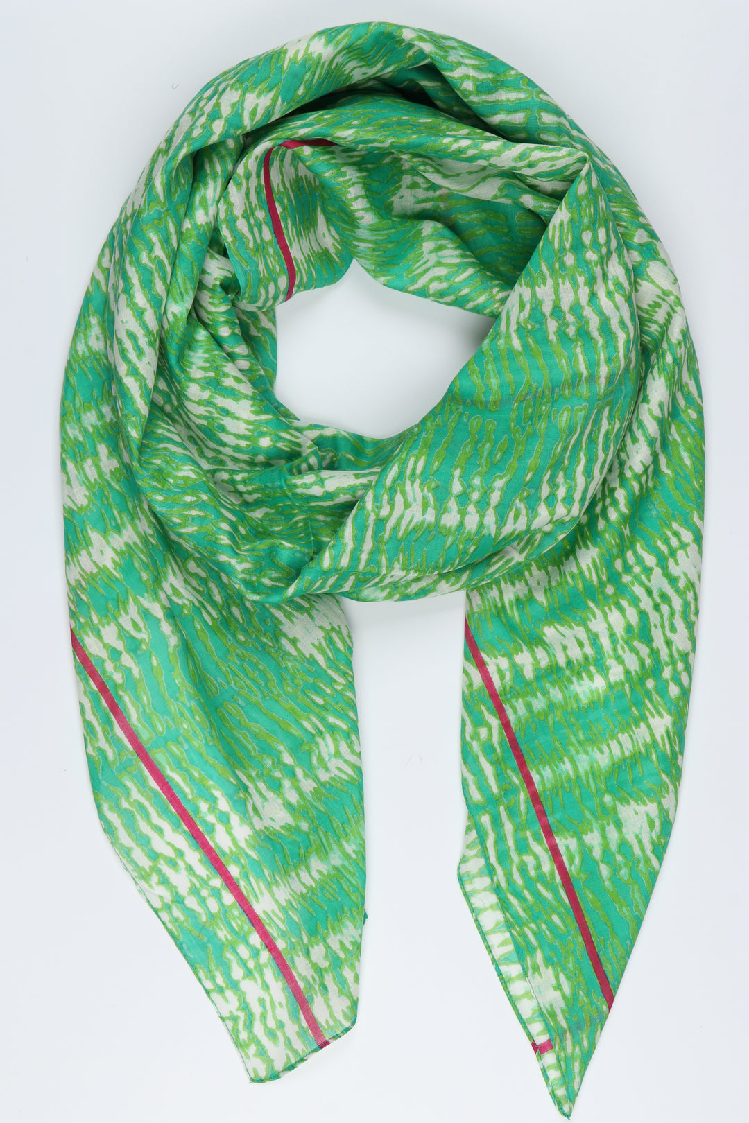 lightweight green cotton tie dye scarf with a neon pink striped border