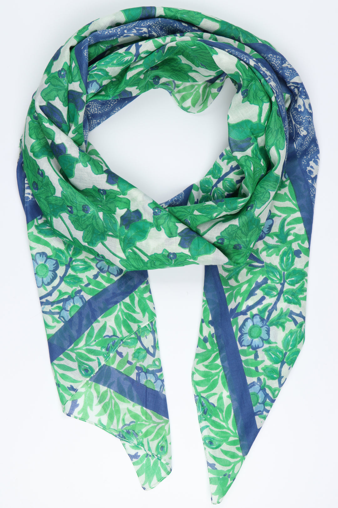green and blue floral print scarf with blue border stripe