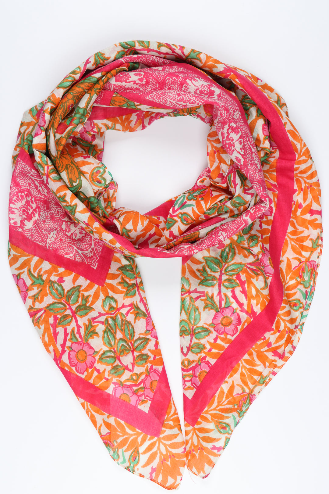 pink and orange floral print scarf with blue border stripe