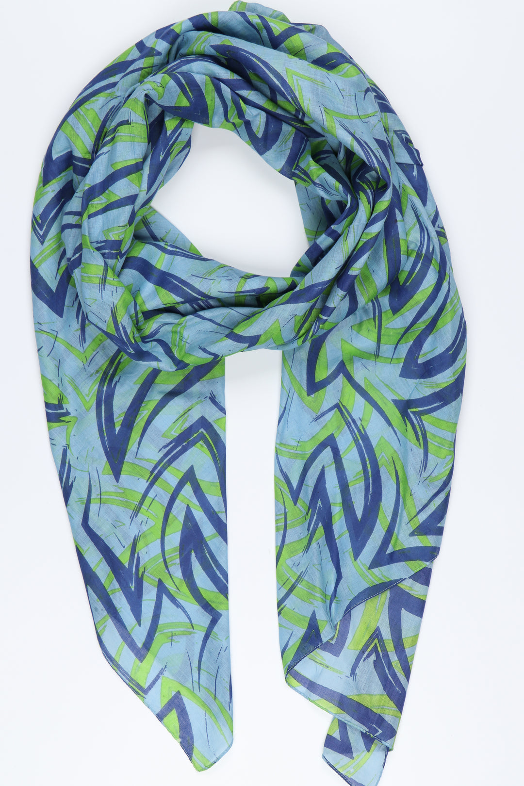 blue cotton scarf with an all over pattern of artistic brushstrokes in blue and green