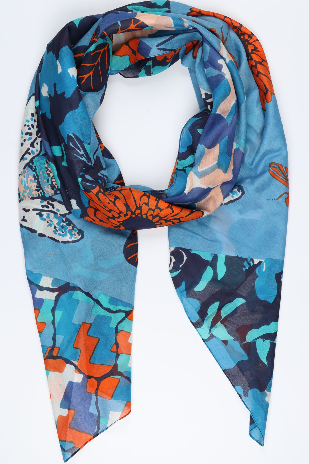 blue cotton scarf with a floral, tile and bee print pattern