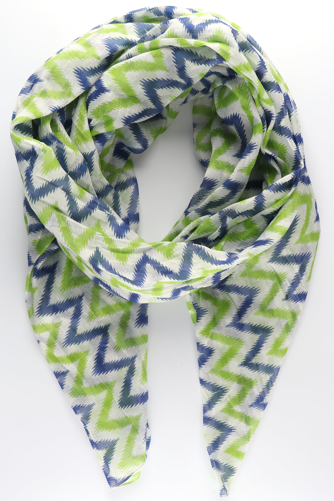 blue and green zig zag striped cotton scarf