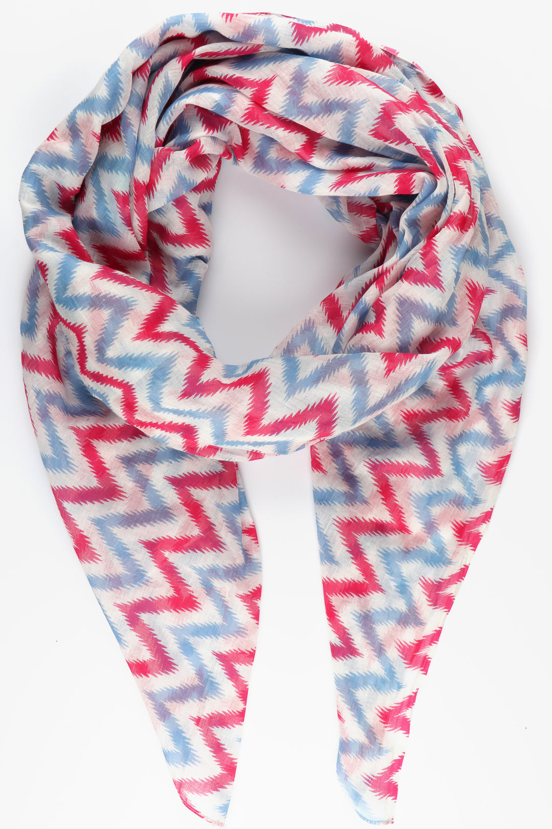 lightweight cotton scarf with an alternating blue and pink zig zag pattern