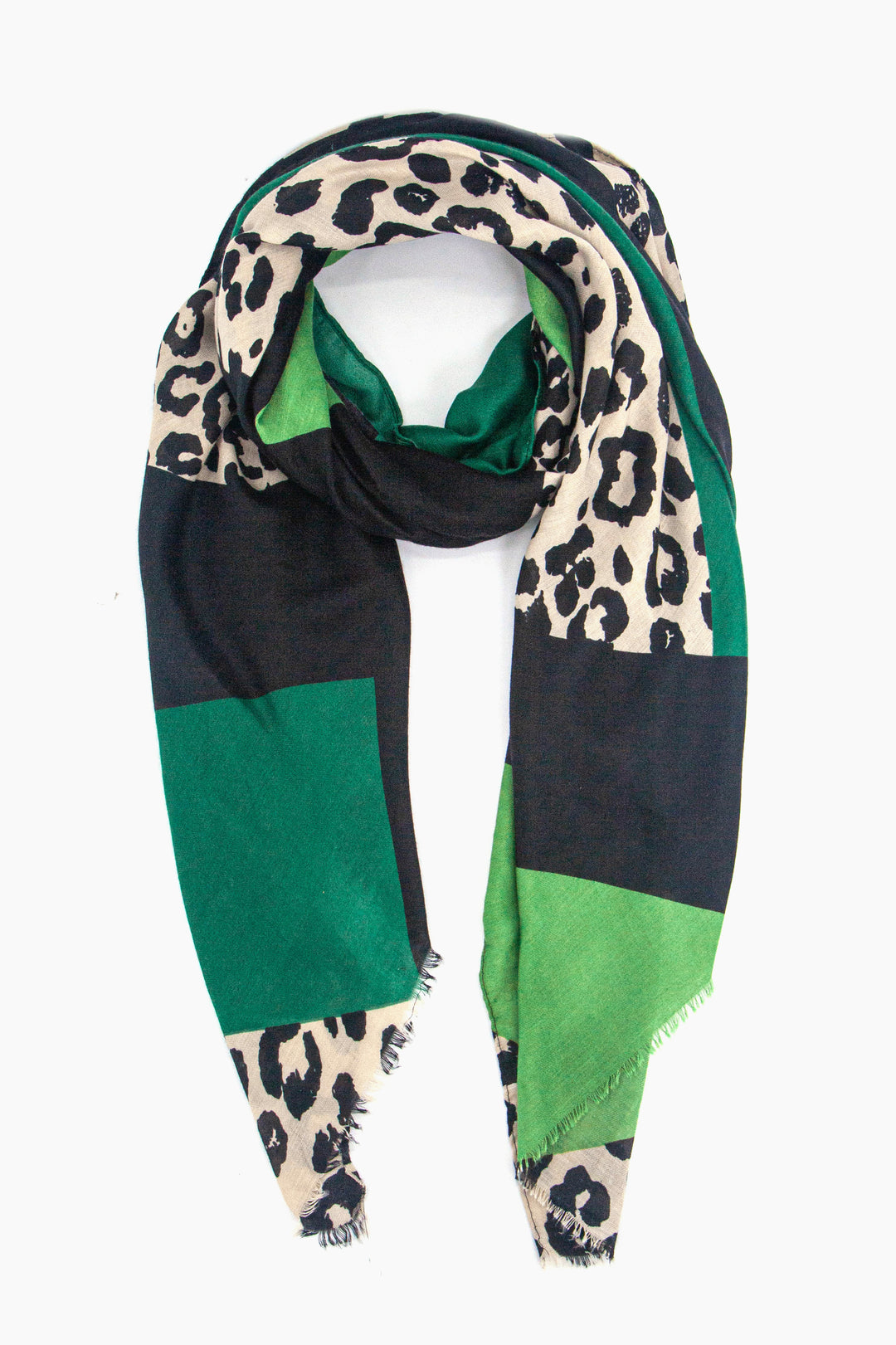 green colour block and neutral leopard print lightweight scarf