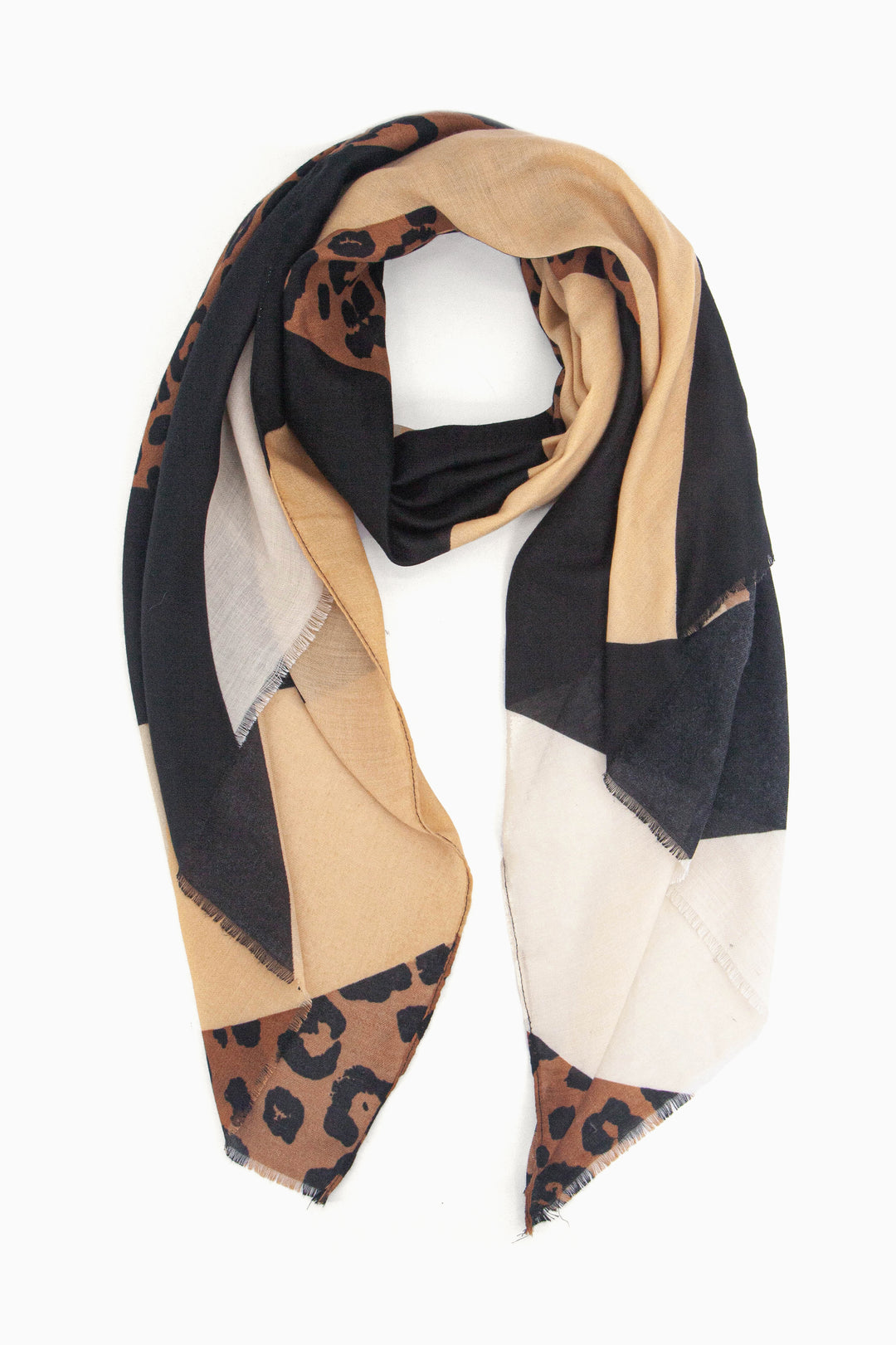 neutral colour block and neutral leopard print lightweight scarf