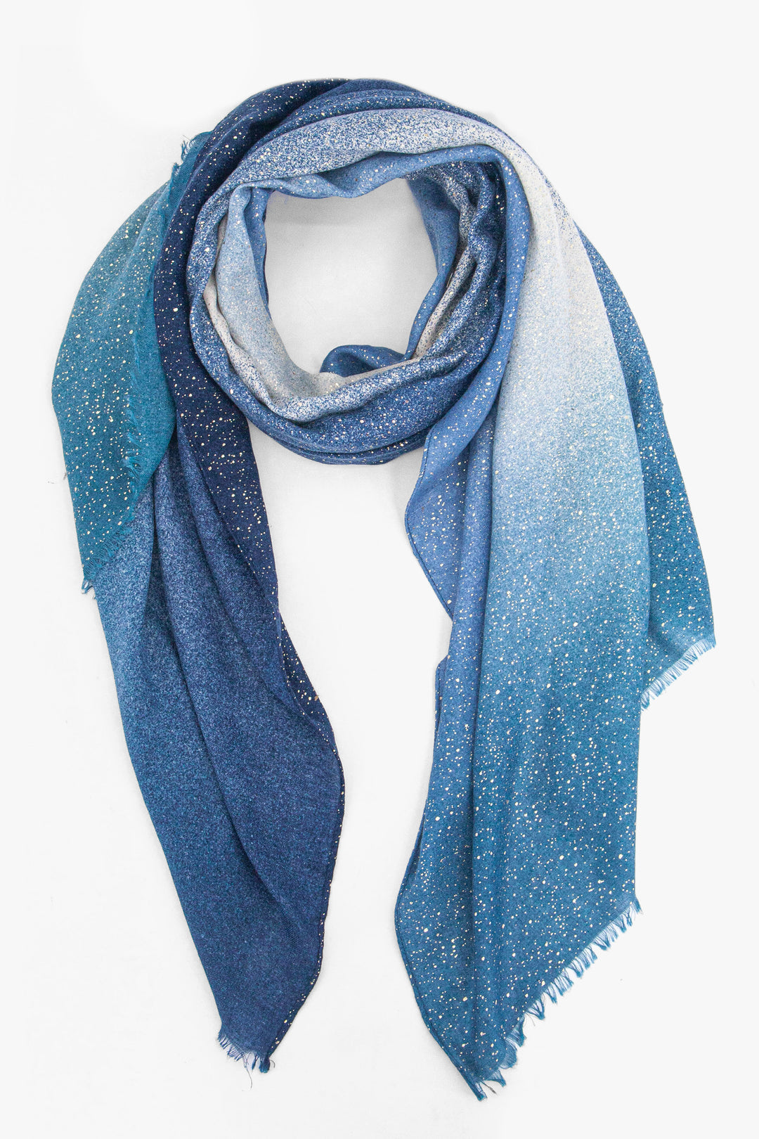 blue ombre lightweight scarf with an all over speckled silver foil pattern