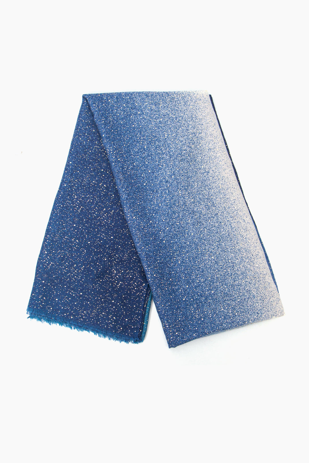 showing the scarf folded, the blue and ombre and silver foil speckle pattern is shown to cover the whole scarf.