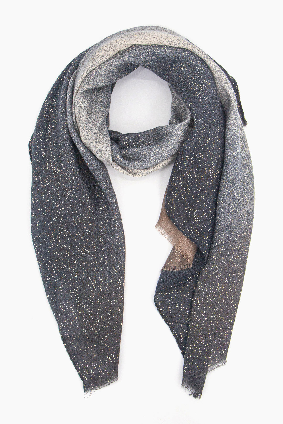 grey ombre lightweight scarf with an all over speckled gold foil pattern