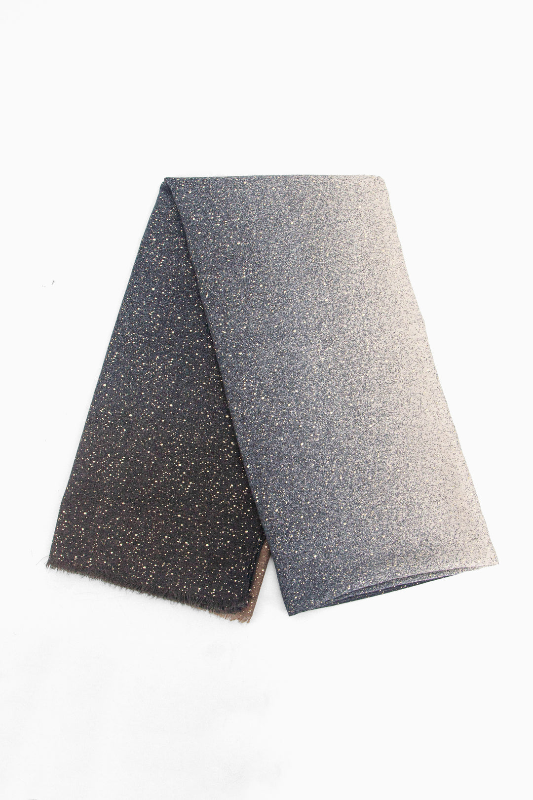 showing the scarf folded, the grey ombre and gold foil speckle pattern is shown to cover the whole scarf.