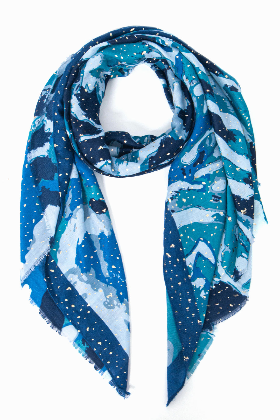 lightweight blue wavy geometric scarf with gold foil accents