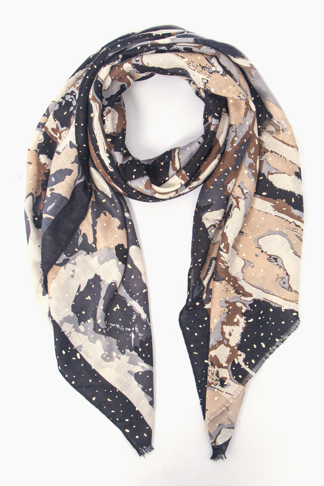 lightweight neutral and grey wavy geometric scarf with gold foil accents