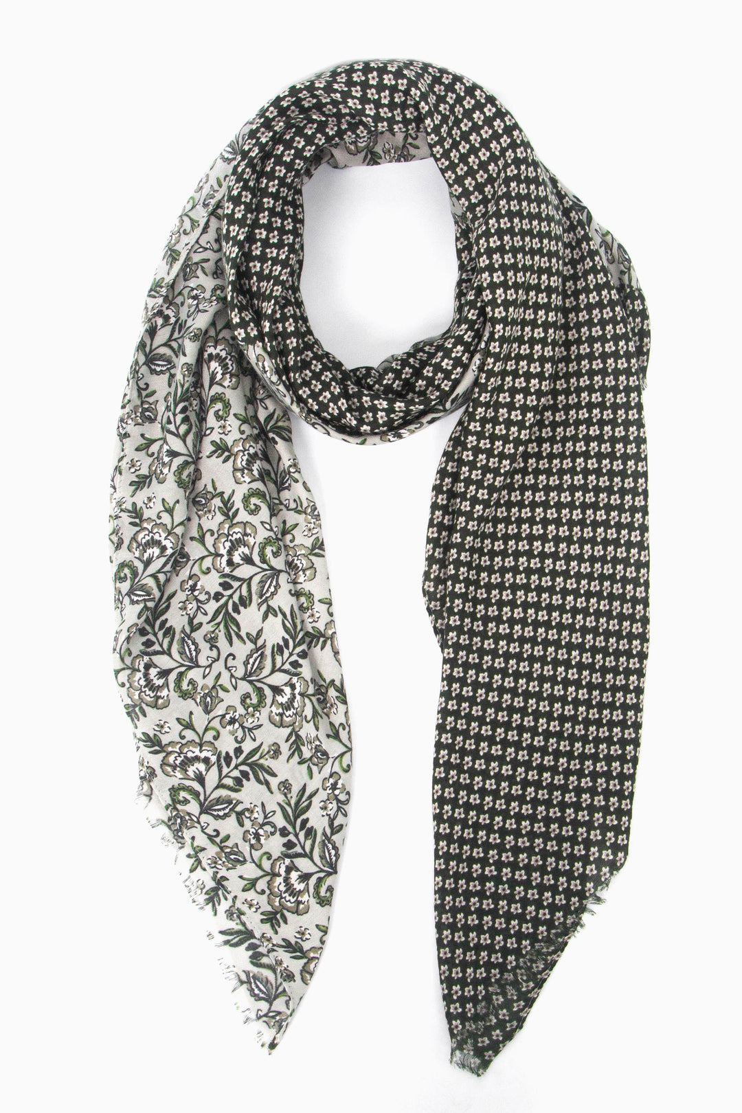 khaki green lightweight scarf with two contrasting indian floral print patterns