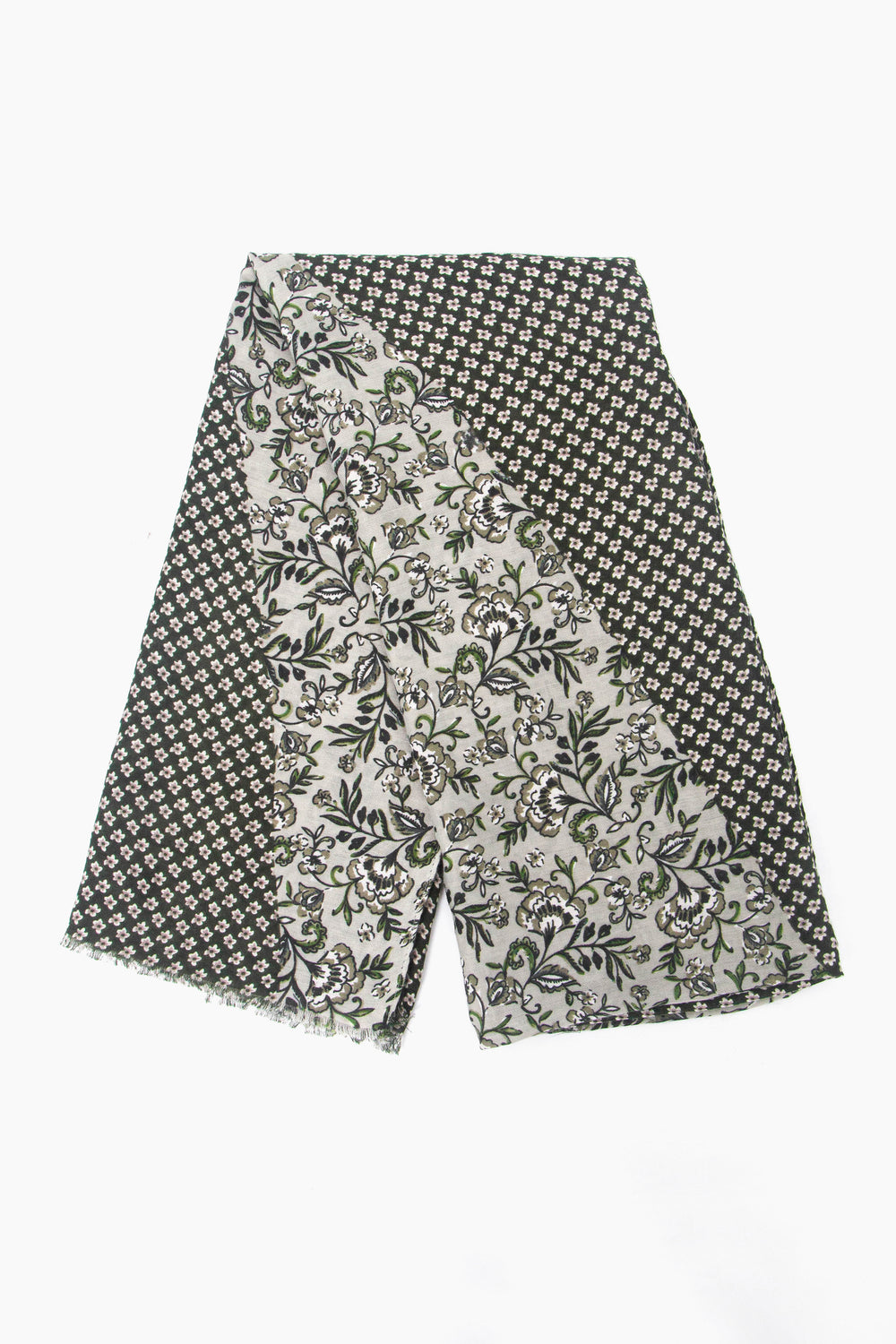 showing the scarf folded, the khaki contrasting floral patterns are shown.