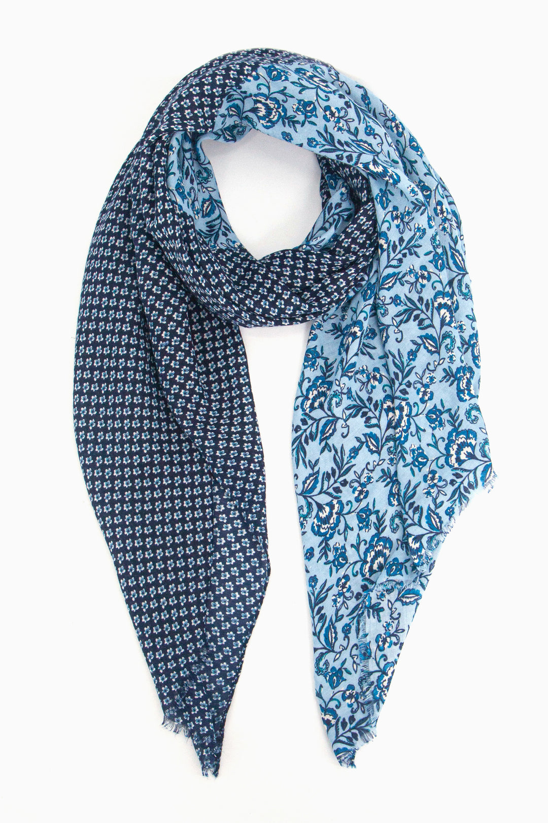 blue lightweight scarf with two contrasting indian floral print patterns