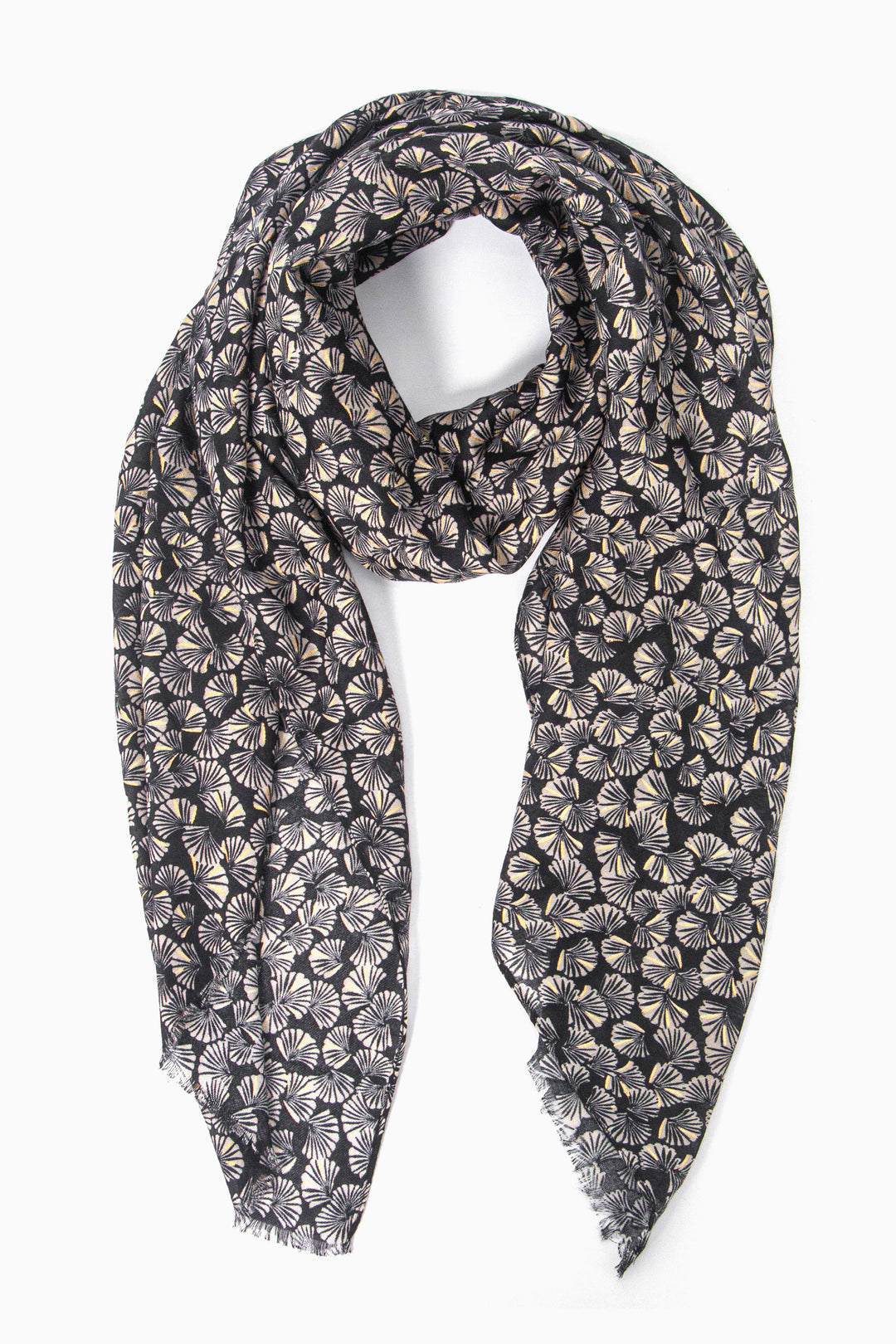 black lightweight scarf with an all over retro fan print pattern, the fans are open and have metallic foil highlights