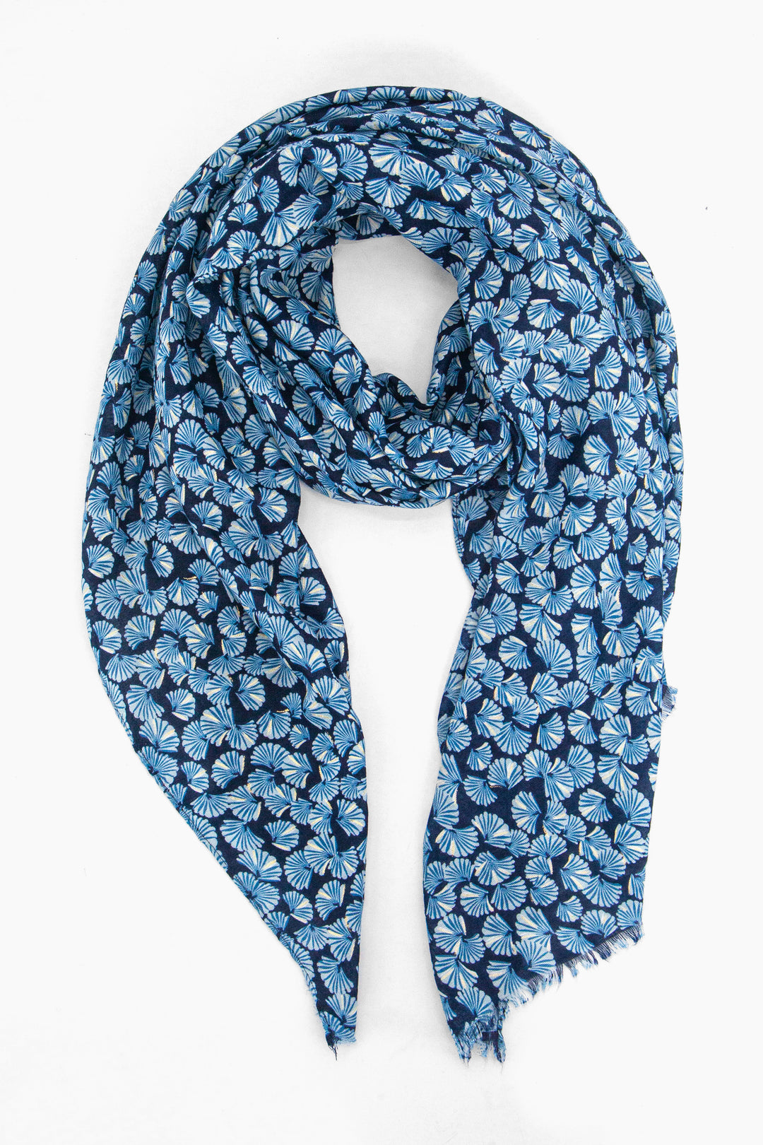 blue lightweight scarf with an all over retro fan print pattern, the fans are open and have metallic foil highlights