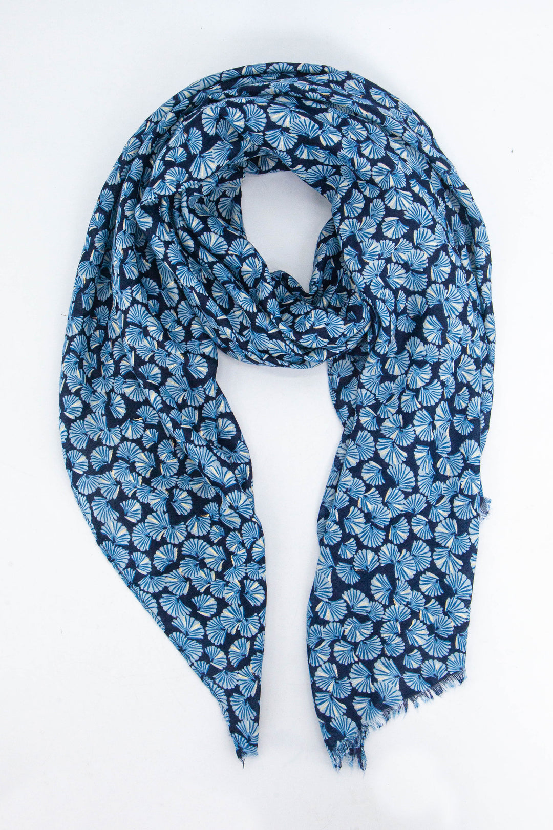 blue lightweight scarf with an all over retro fan print pattern, the fans are open and have metallic foil highlights