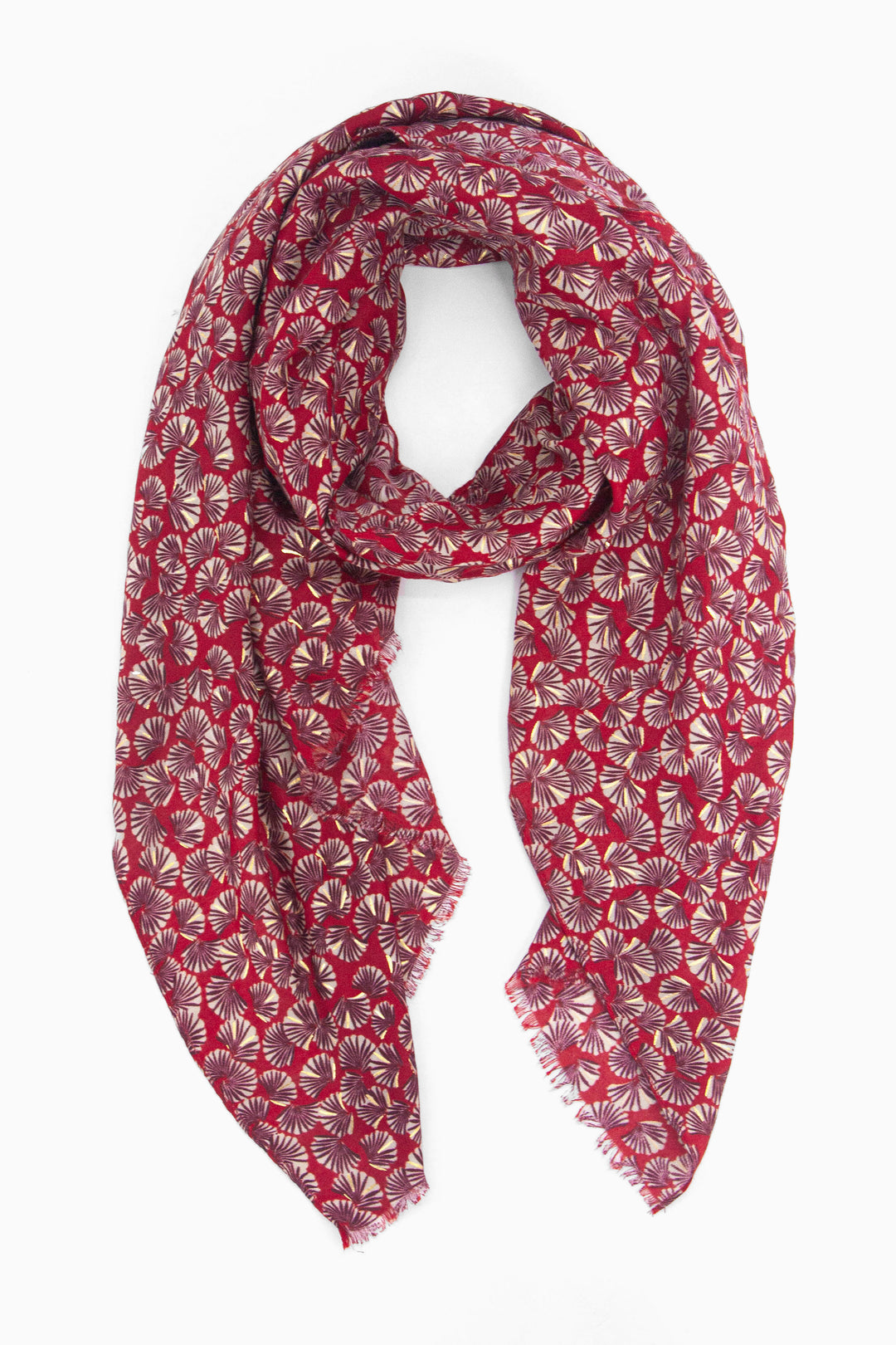 red lightweight scarf with an all over retro fan print pattern, the fans are open and have metallic foil highlights