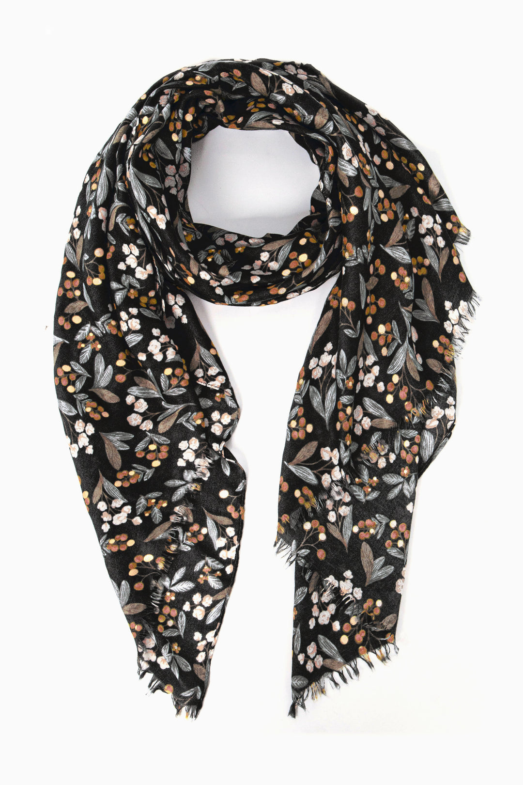 black floral and leaf print scarf with metallic gold foil accents 