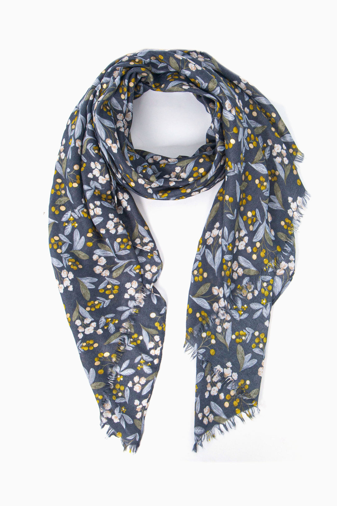 grey floral and leaf print scarf with metallic gold foil accents 