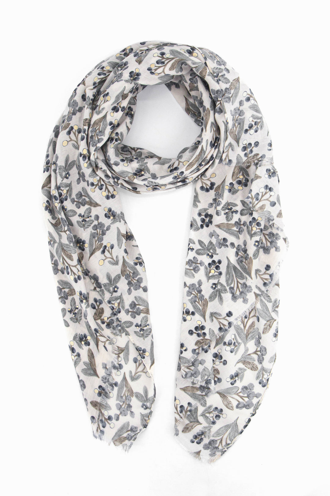 white and grey floral and leaf print scarf with metallic gold foil accents 