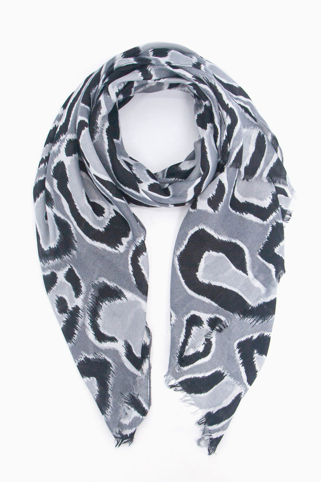 grey lightweight scarf with a large bold black leopard print pattern