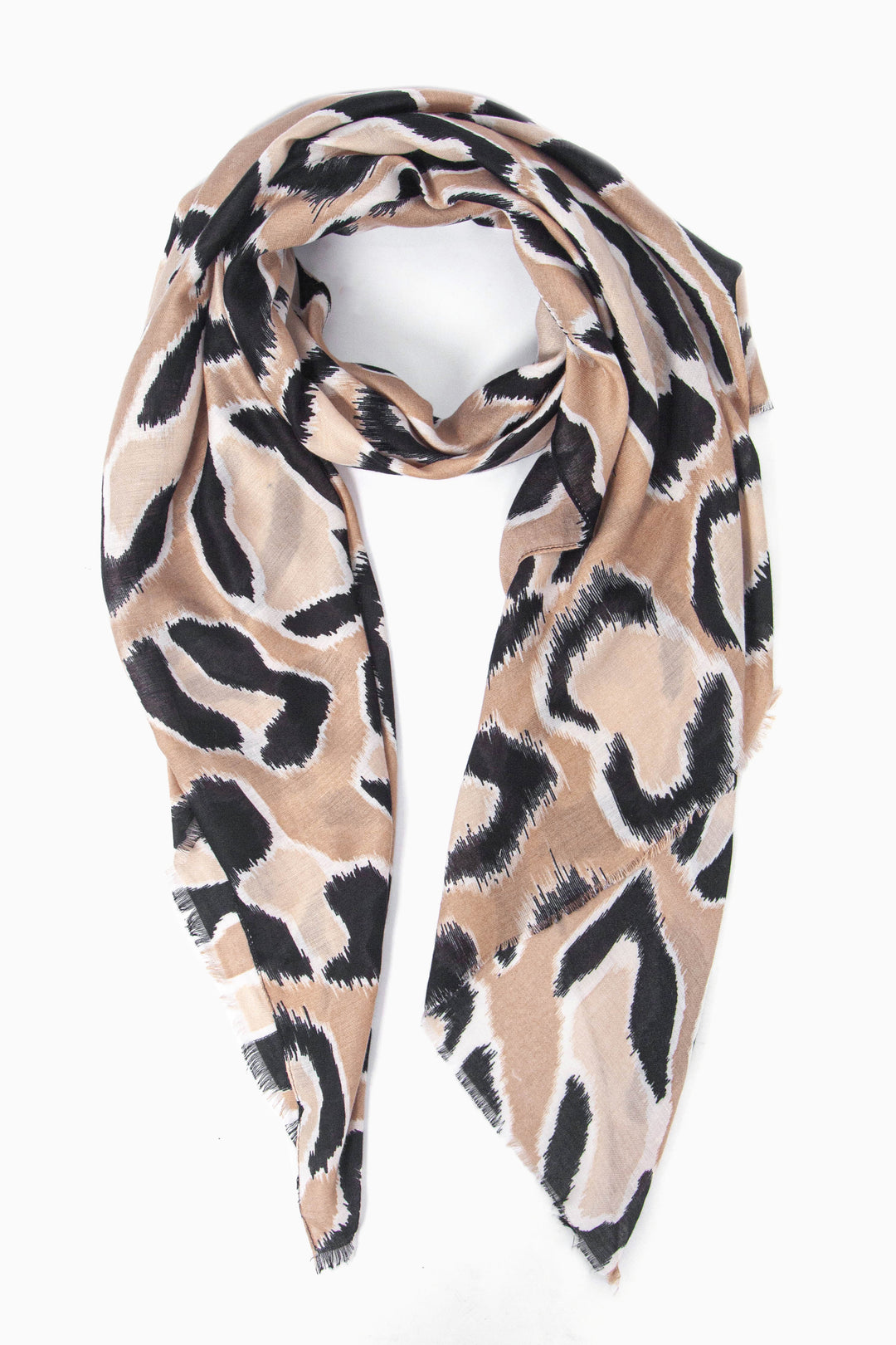 neutral beige lightweight scarf with a large bold black leopard print pattern