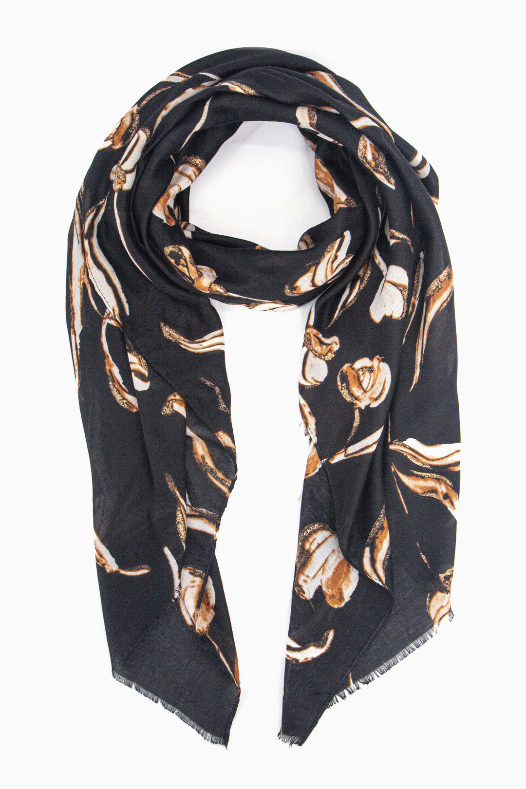 black scarf with a large floral pattern in cream and tan with gold glitter accents throughout